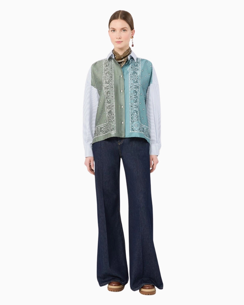 Weekend Max Mara Technical Twill and Cotton Poplin Shirt in Khaki bandana print detail