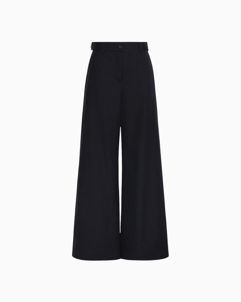Weekend Max Mara Wide Leg Trousers in Navy Stripe pinstripe fabric detail