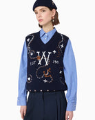 Weekend Max Mara Wool Yarn Gilet with Embroidery in Navy angled front view