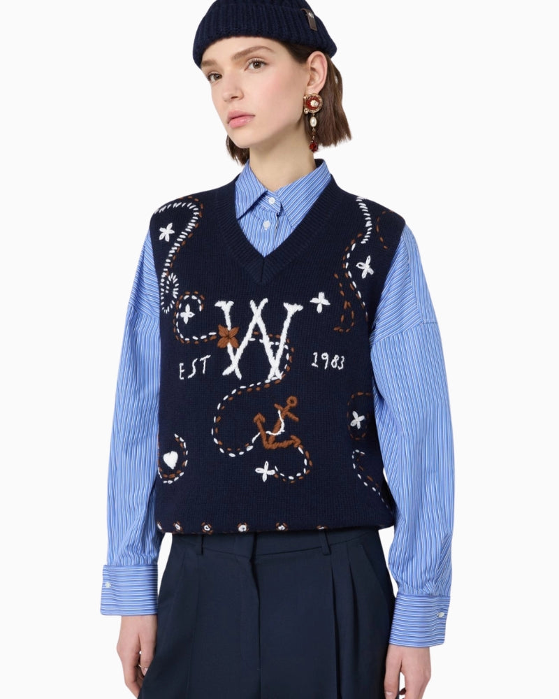 Weekend Max Mara Wool Yarn Gilet with Embroidery in Navy angled front view
