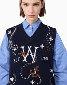Weekend Max Mara Wool Yarn Gilet with Embroidery in Navy embroidery detail
