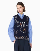 Weekend Max Mara Wool Yarn Gilet with Embroidery in Navy front view