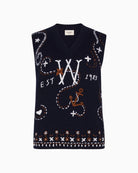 Weekend Max Mara Wool Yarn Gilet with Embroidery in Navy ribbed trim detail