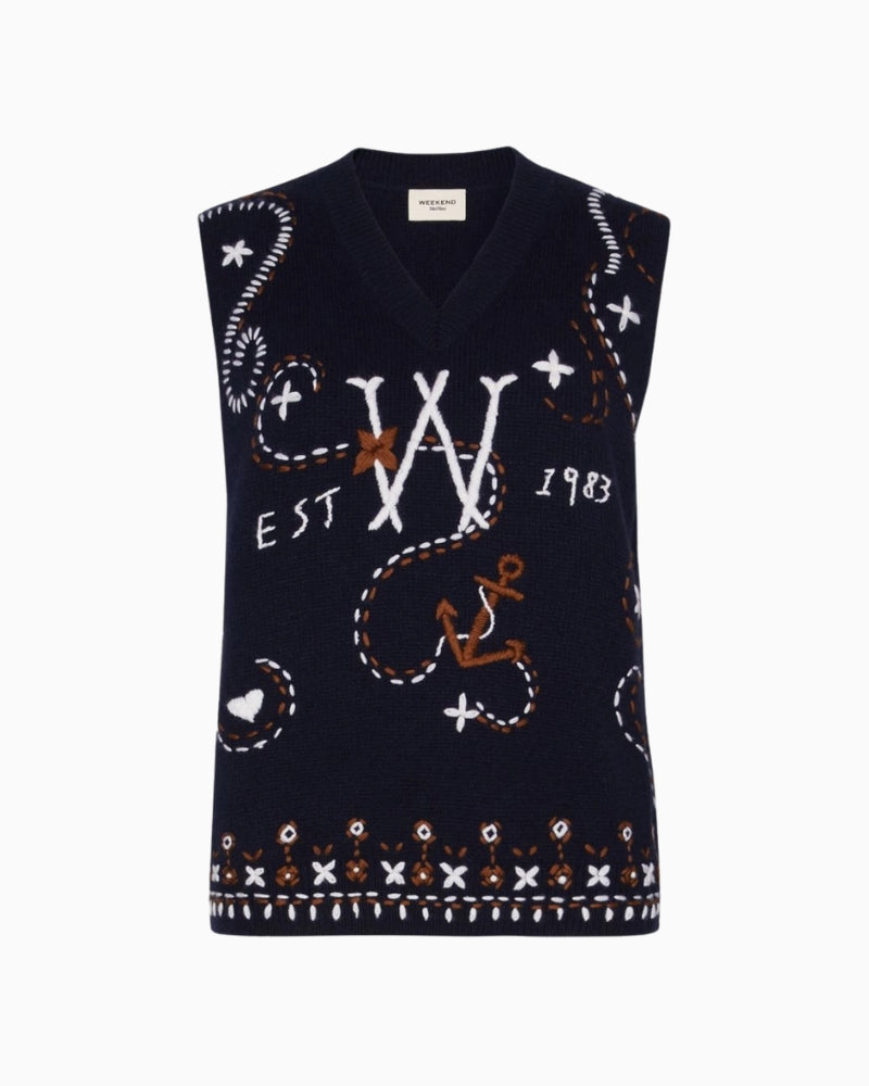Weekend Max Mara Wool Yarn Gilet with Embroidery in Navy ribbed trim detail