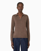 Weekend Max Mara Wool and Cashmere Yarn Polo Jumper in Brown front view