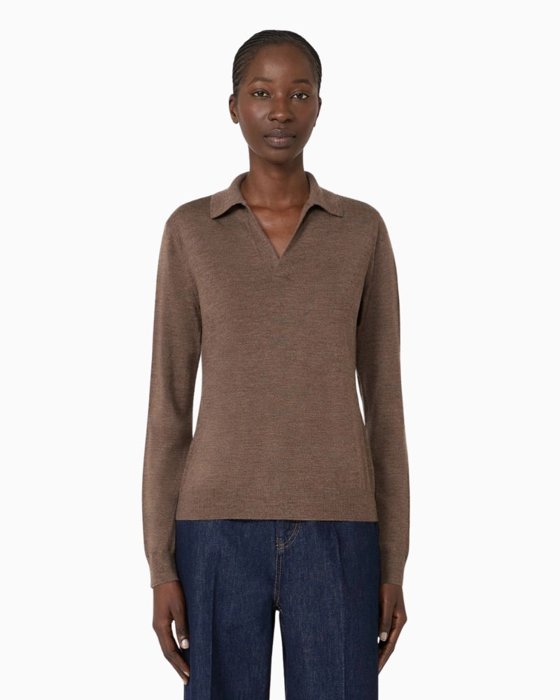 Weekend Max Mara Wool and Cashmere Yarn Polo Jumper in Brown front view