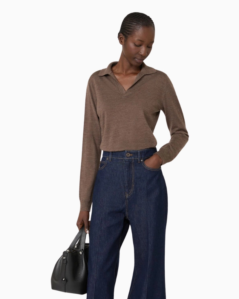 Weekend Max Mara Wool and Cashmere Yarn Polo Jumper in Brown front view