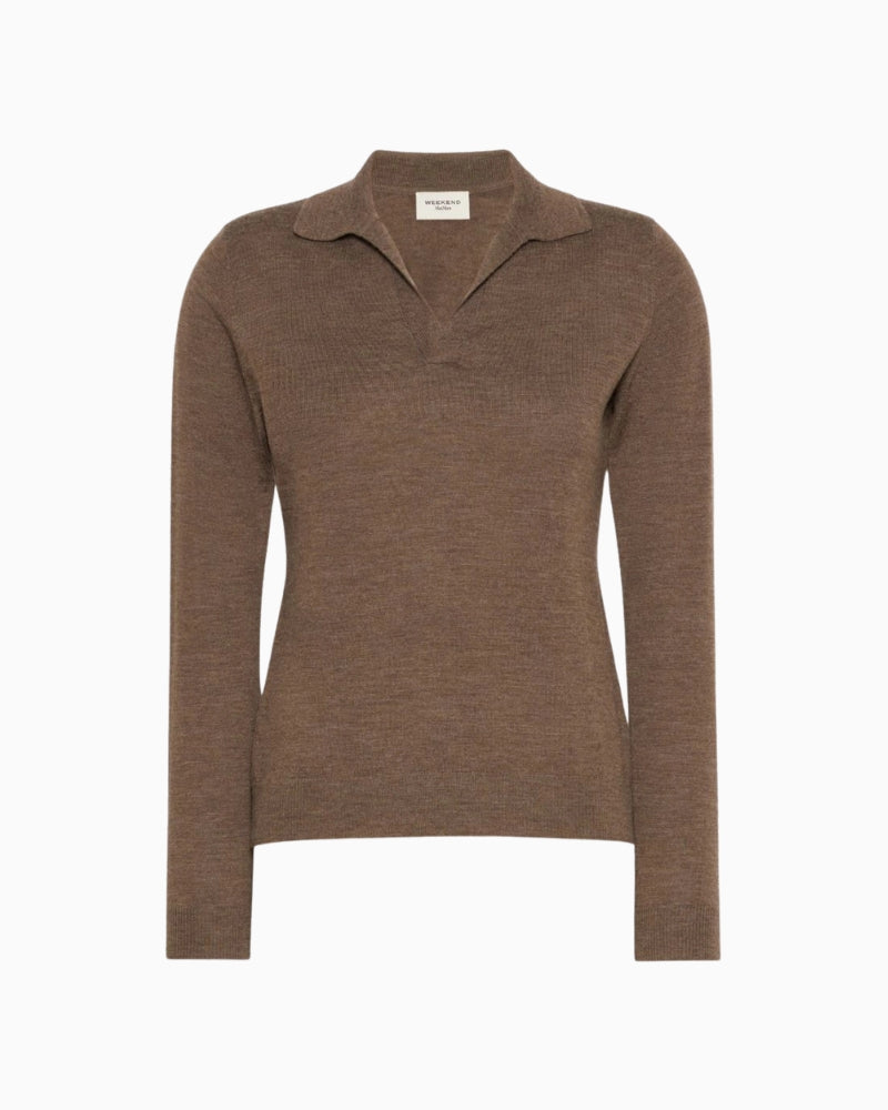 Weekend Max Mara Wool and Cashmere Yarn Polo Jumper in Brown polo collar detail