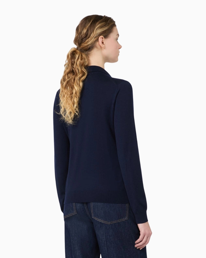 Weekend Max Mara Wool and Cashmere Yarn Polo Jumper in Navy back view