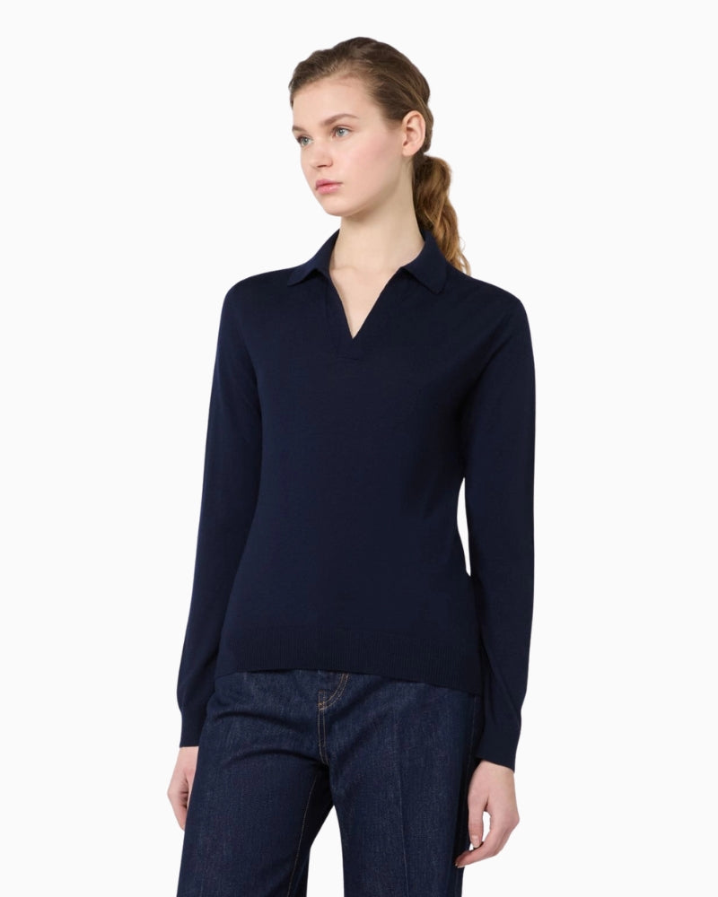 Weekend Max Mara Wool and Cashmere Yarn Polo Jumper in Navy front view