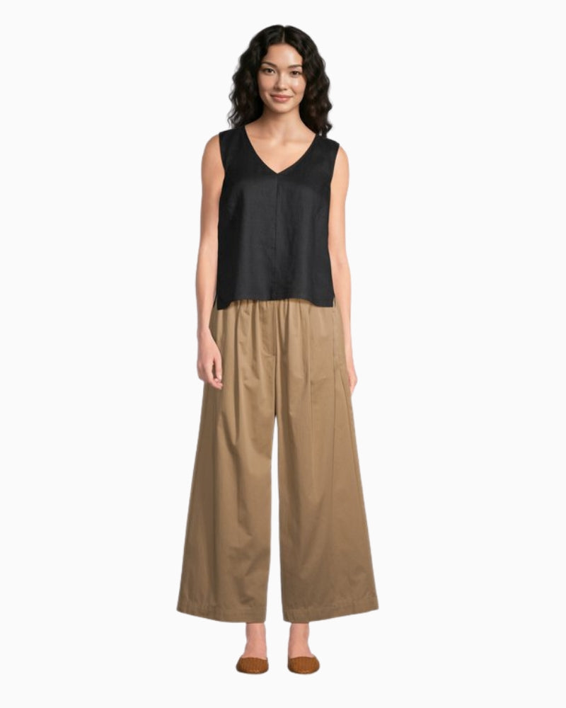 Weekend Max Mara taupe elasticated pleated trousers full front view