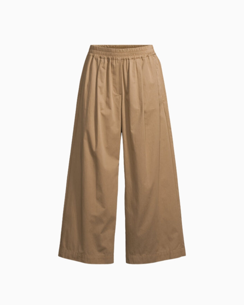 Weekend Max Mara taupe elasticated pleated trousers full front view