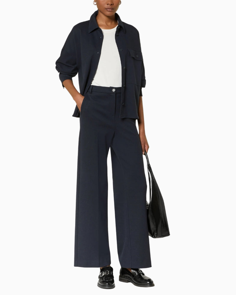 Weekend Max Mara Zelota wide-leg jersey trousers in Navy, model wearing full front view