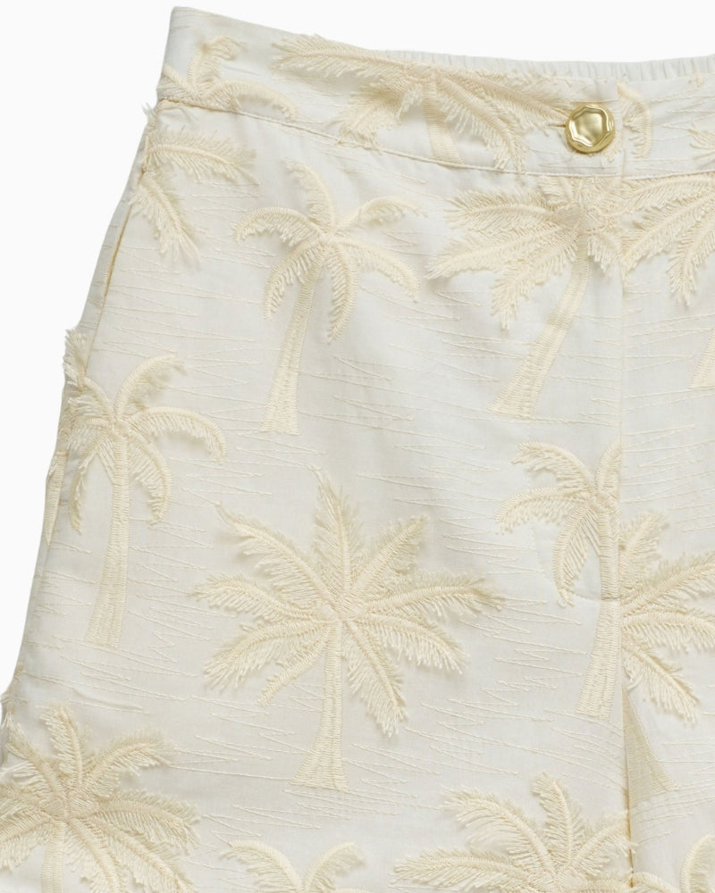 White cotton shorts with three dimensional embroidery close up fabric detail