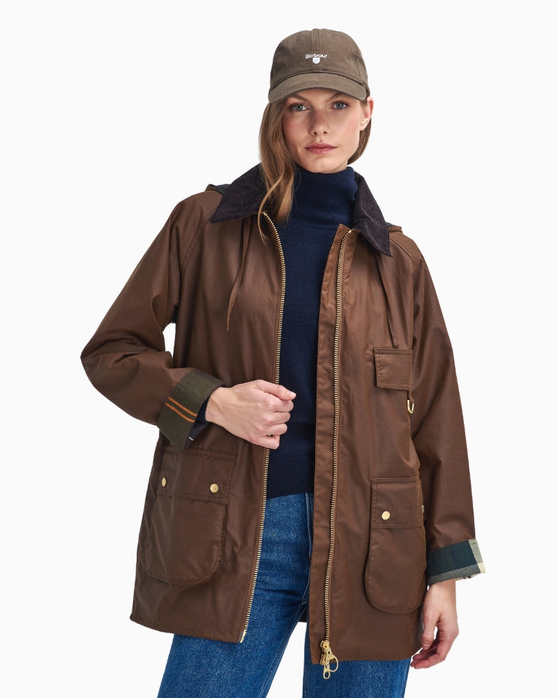 Women's Barbour Highclere brown wax jacket worn front view