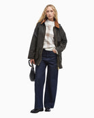 Women's Barbour Highclere olive wax jacket worn front view