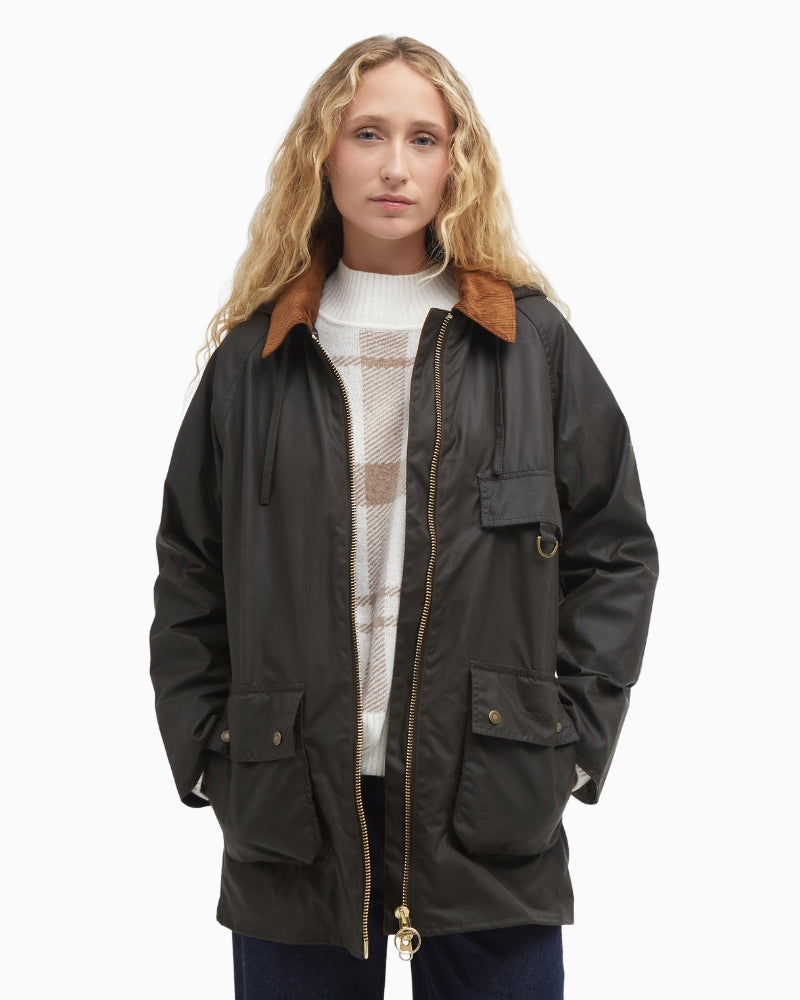 Women's Barbour Highclere olive wax jacket worn front view