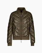onari Quilted Neoprene Puffer Jacket in olive showing stand-up collar and zip fastening