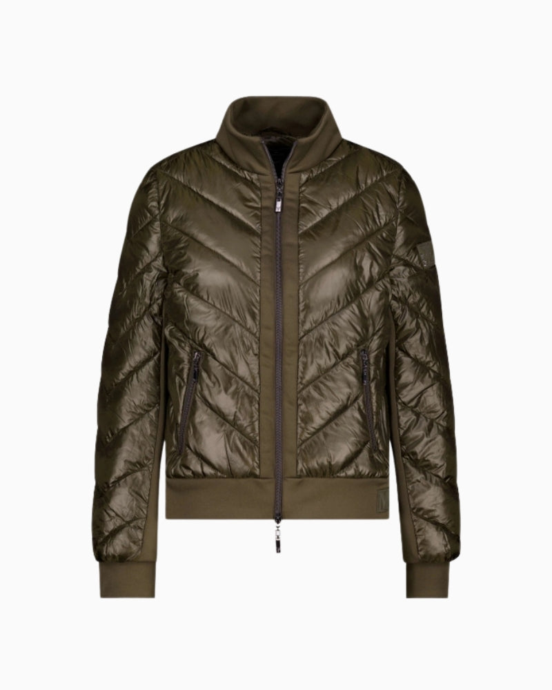 onari Quilted Neoprene Puffer Jacket in olive showing stand-up collar and zip fastening