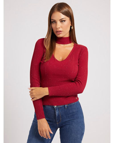 Guess Jeans - Long Sleeve Micro Sequins Rib Sweater in Red